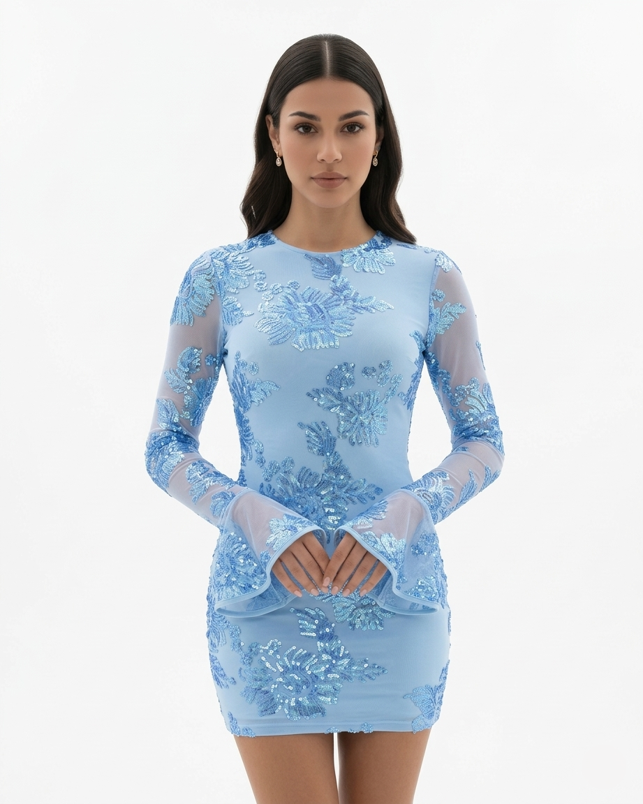 Womens Mini Dress Mesh Long Sleeve Open Back Flared Cuff