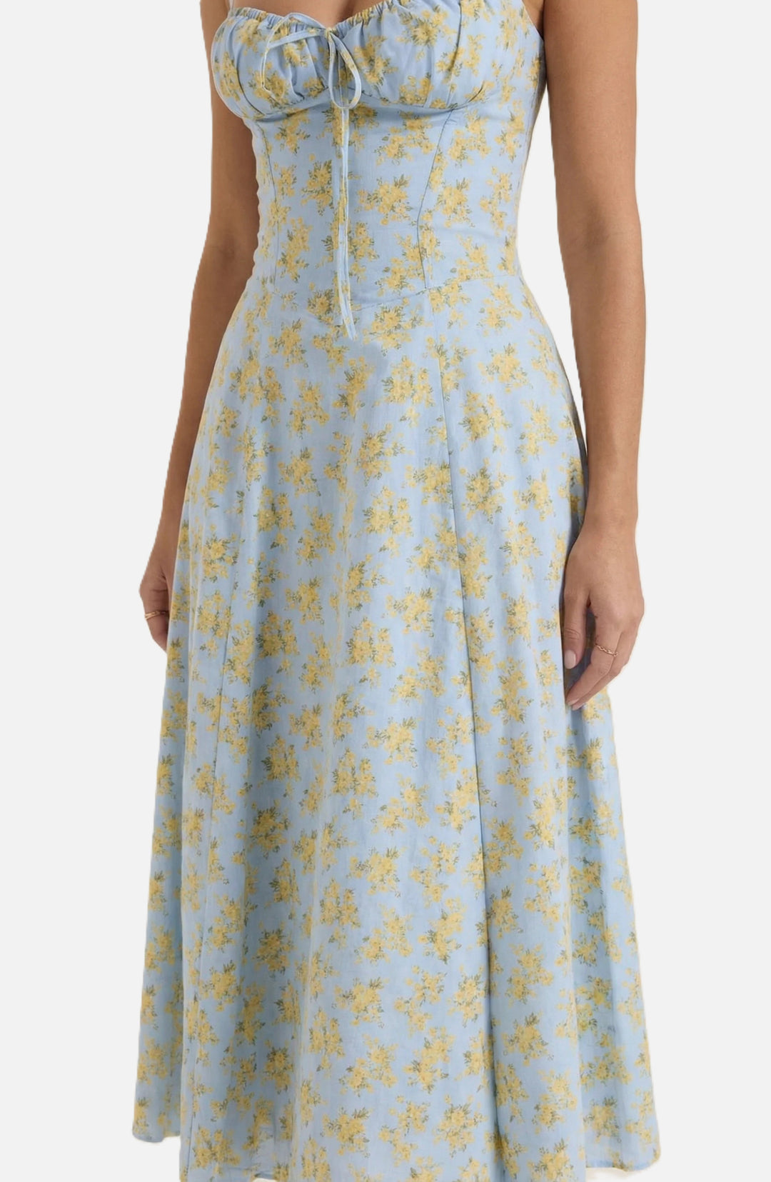 Womens Midi Sundress Ruched Bust Tie Front A-Line Skirt