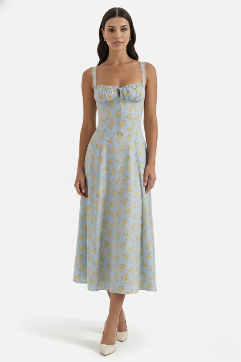 Womens Midi Sundress Ruched Bust Tie Front A-Line Skirt