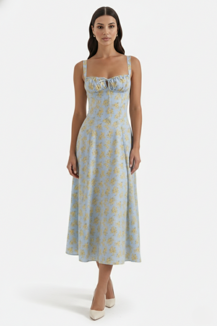Womens Midi Sundress Ruched Bust Tie Front A-Line Skirt