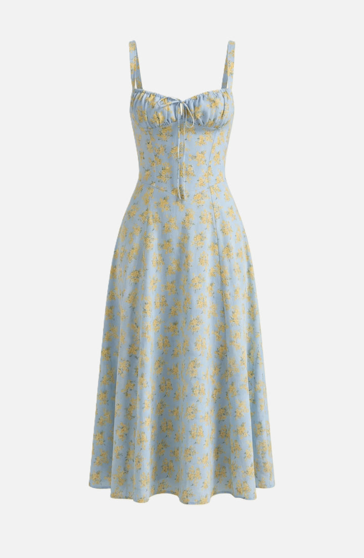 Womens Midi Sundress Ruched Bust Tie Front A-Line Skirt