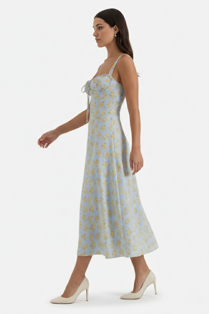 Womens Midi Sundress Ruched Bust Tie Front A-Line Skirt