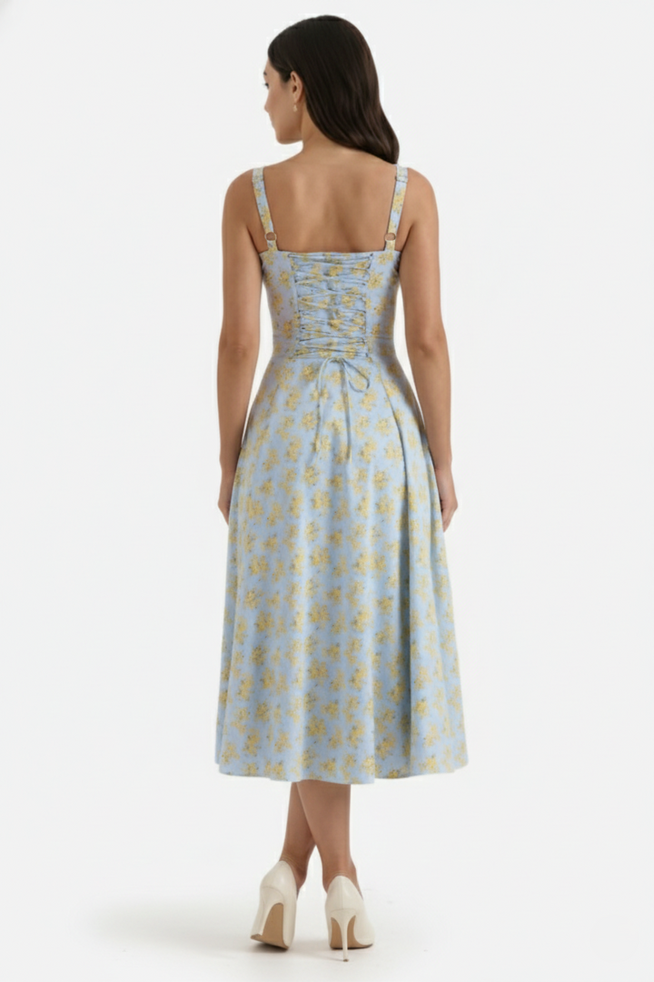 Womens Midi Sundress Ruched Bust Tie Front A-Line Skirt