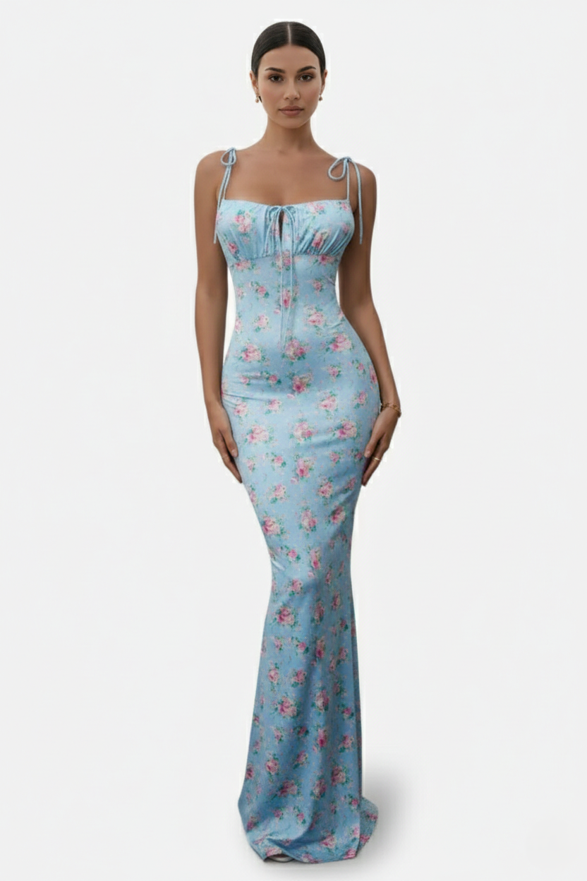 Womens Bodycon Maxi Dress with Spaghetti Straps Ruched Bodice