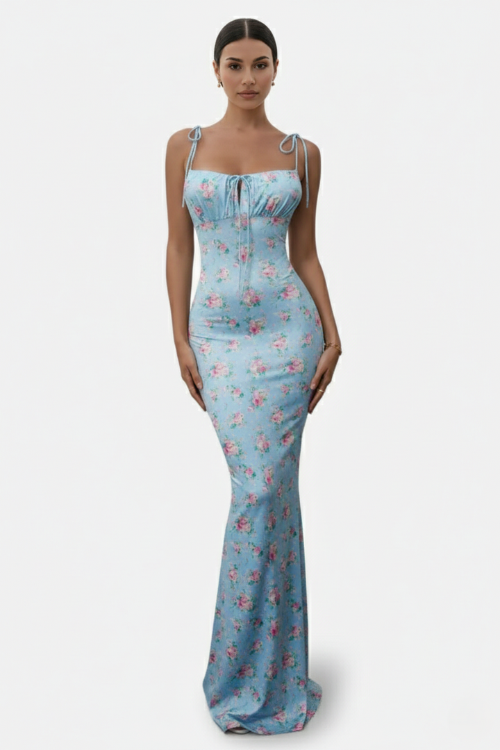 Womens Bodycon Maxi Dress with Spaghetti Straps Ruched Bodice