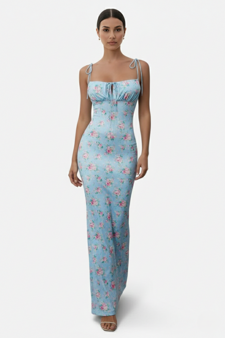 Womens Bodycon Maxi Dress with Spaghetti Straps Ruched Bodice