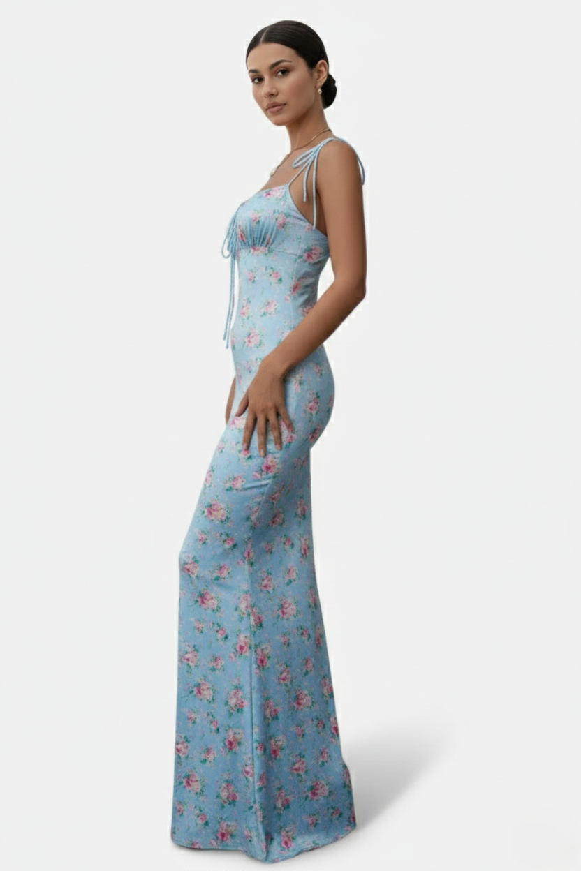Womens Bodycon Maxi Dress with Spaghetti Straps Ruched Bodice