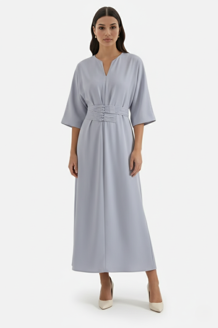 Womens Kaftan Dress Pleated Cinch Waist Split Neckline