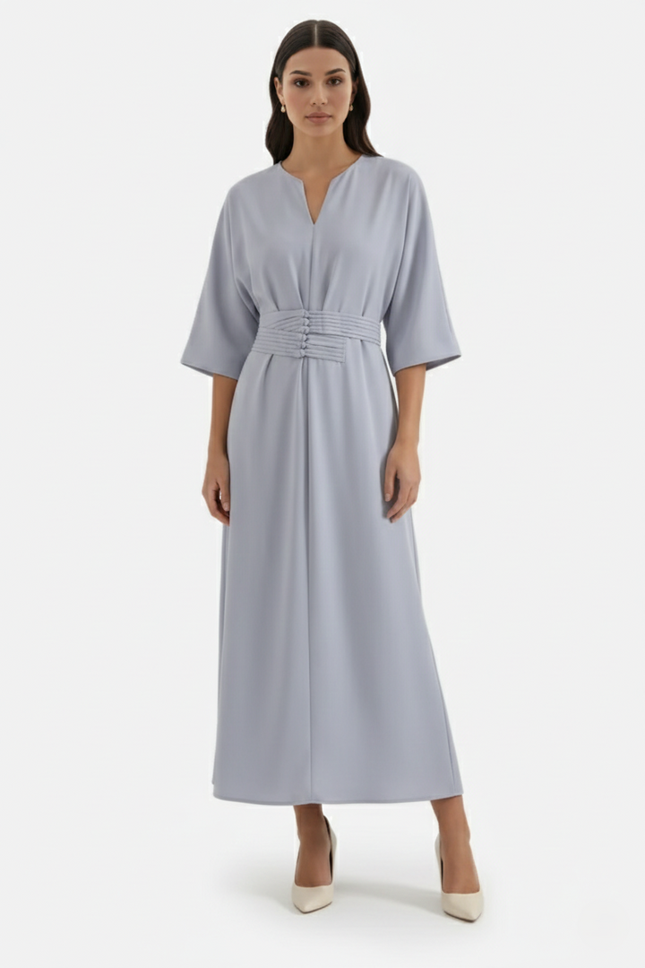 Womens Kaftan Dress Pleated Cinch Waist Split Neckline