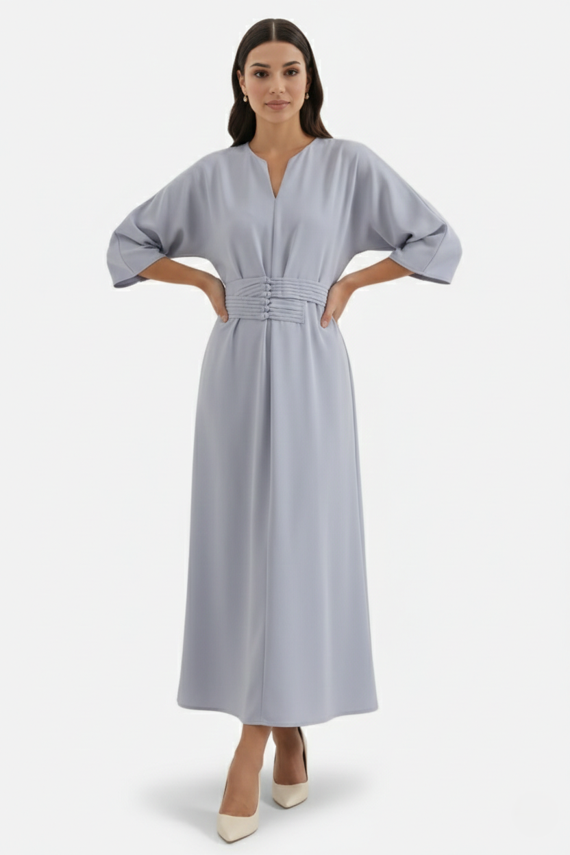 Womens Kaftan Dress Pleated Cinch Waist Split Neckline
