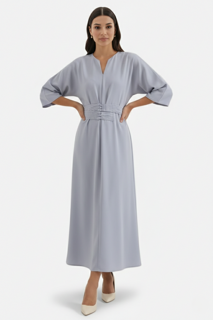 Womens Kaftan Dress Pleated Cinch Waist Split Neckline
