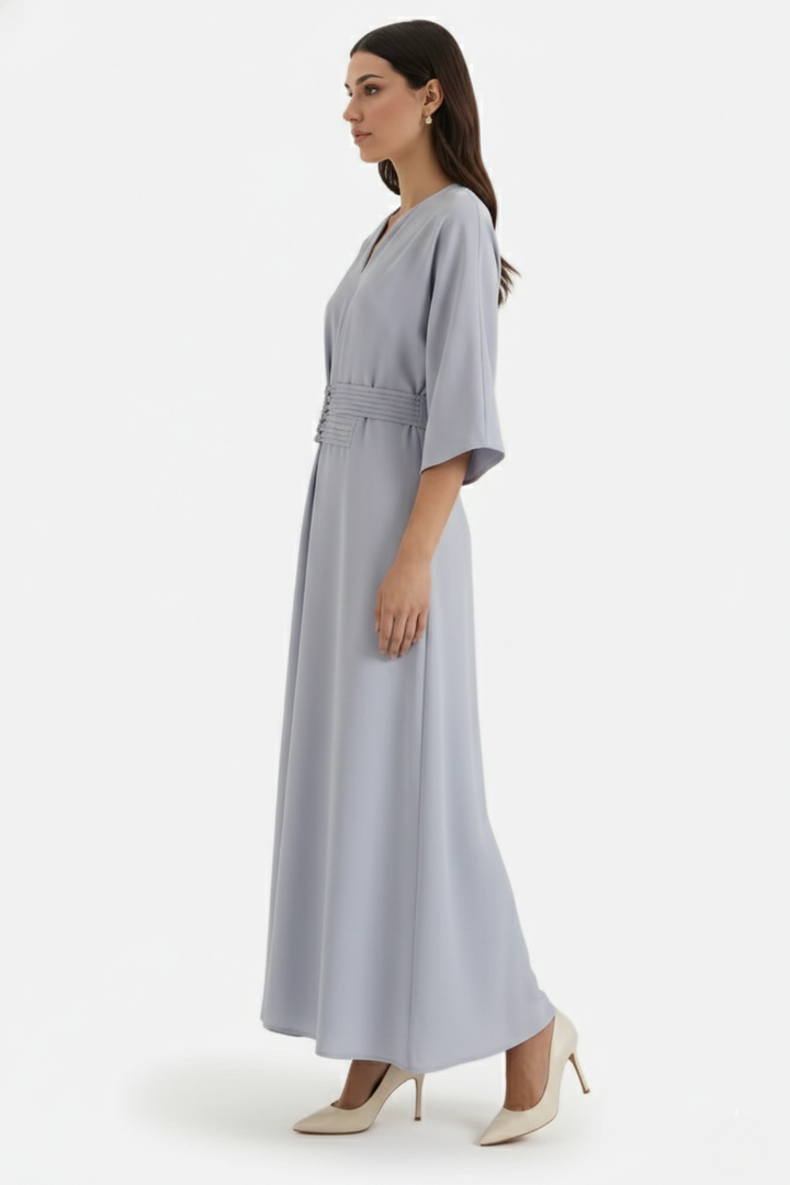 Womens Kaftan Dress Pleated Cinch Waist Split Neckline