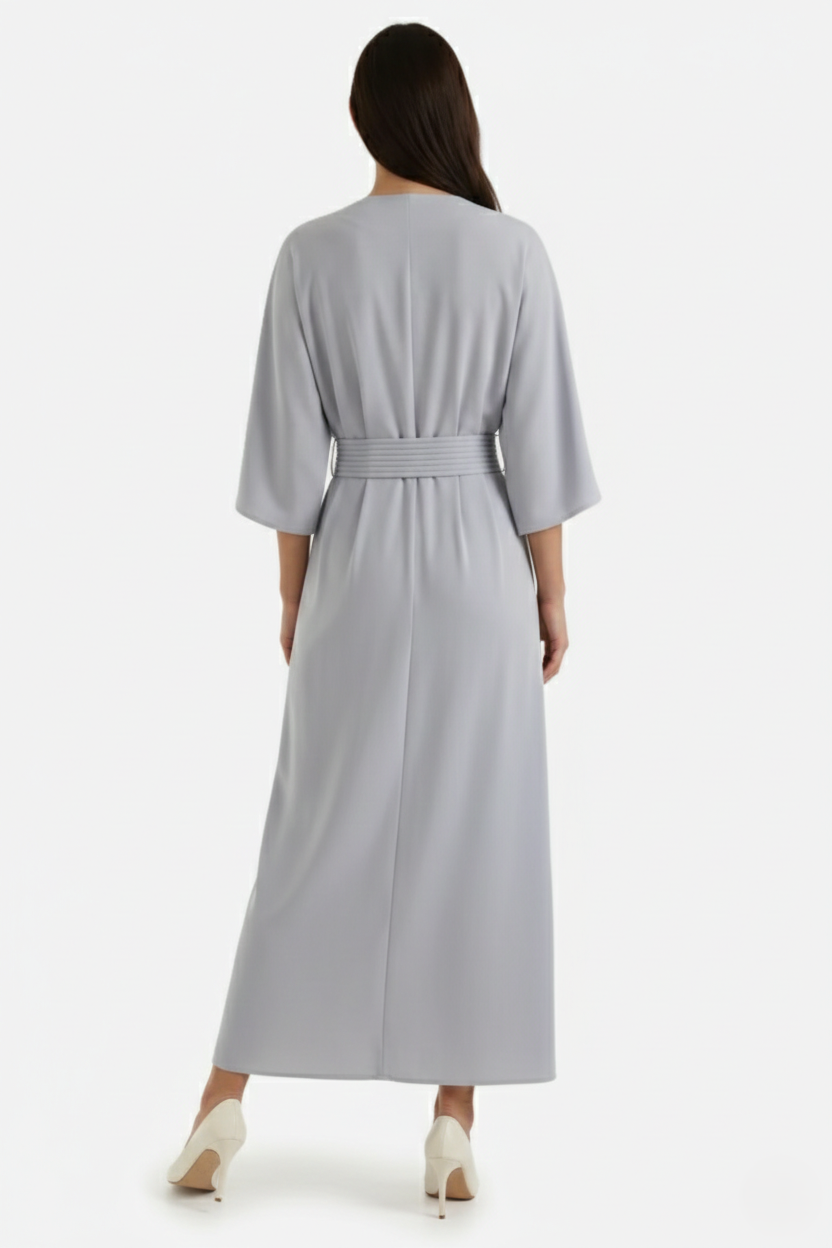 Womens Kaftan Dress Pleated Cinch Waist Split Neckline
