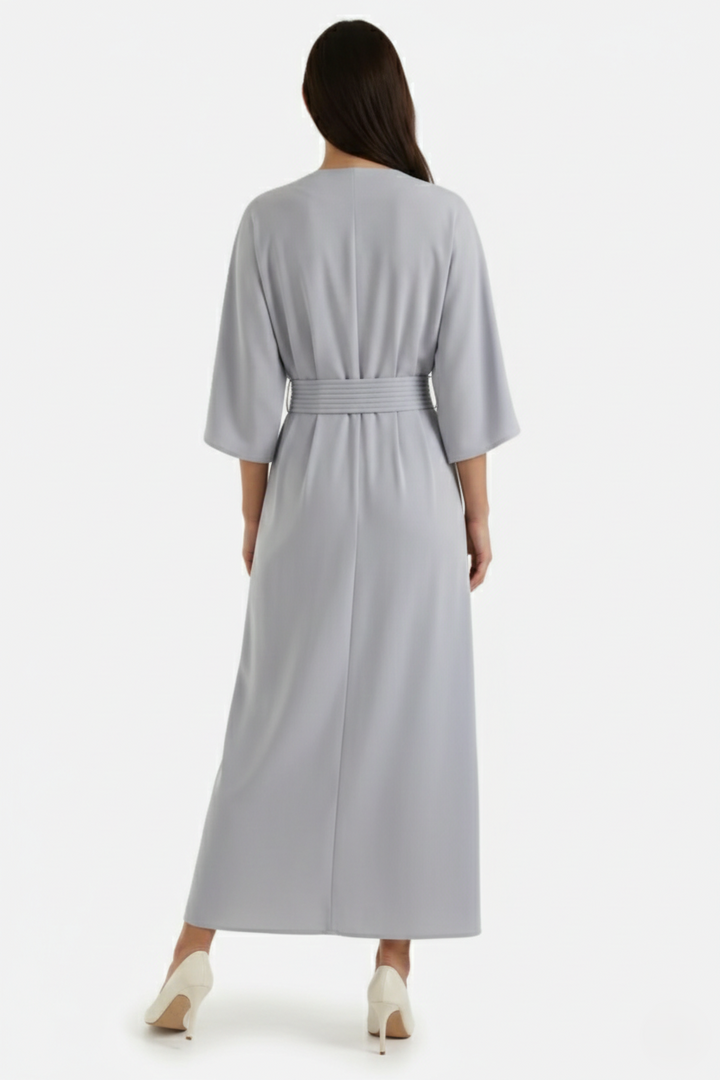 Womens Kaftan Dress Pleated Cinch Waist Split Neckline