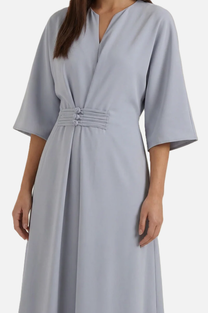 Womens Kaftan Dress Pleated Cinch Waist Split Neckline