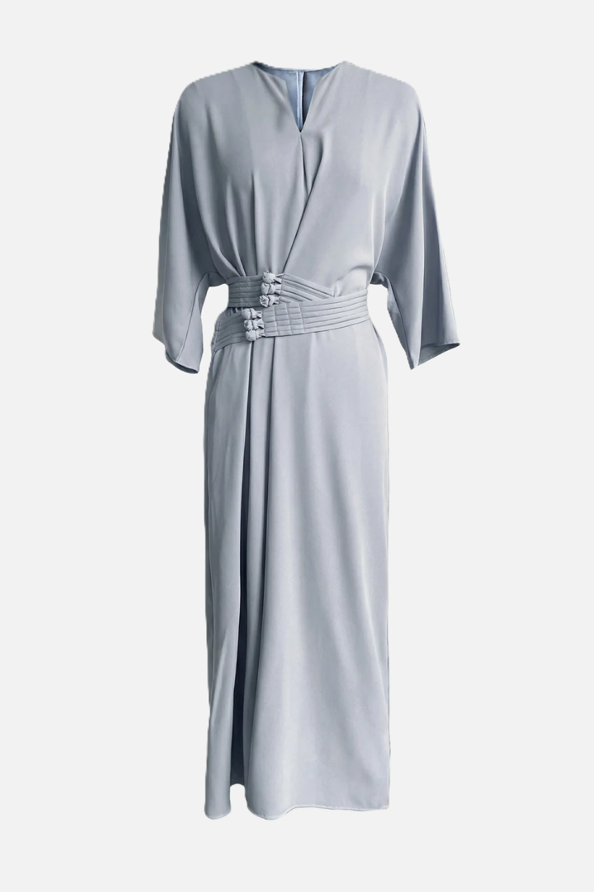 Womens Kaftan Dress Pleated Cinch Waist Split Neckline