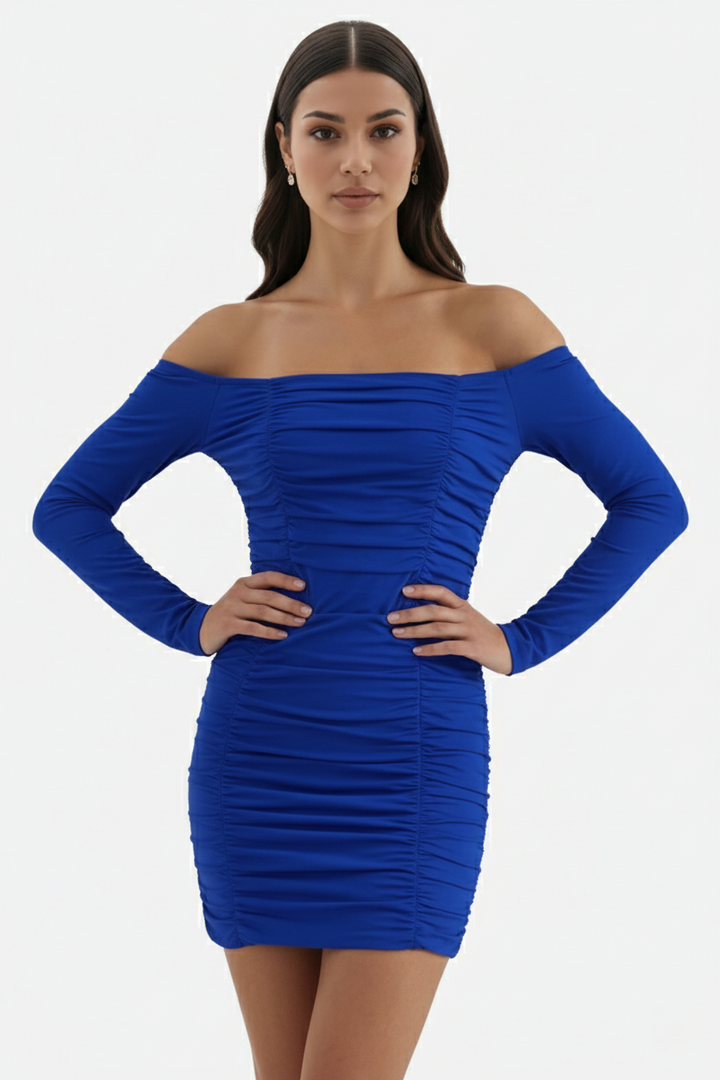 Womens Bodycon Mini Dress Ruched Off-Shoulder Long Sleeve