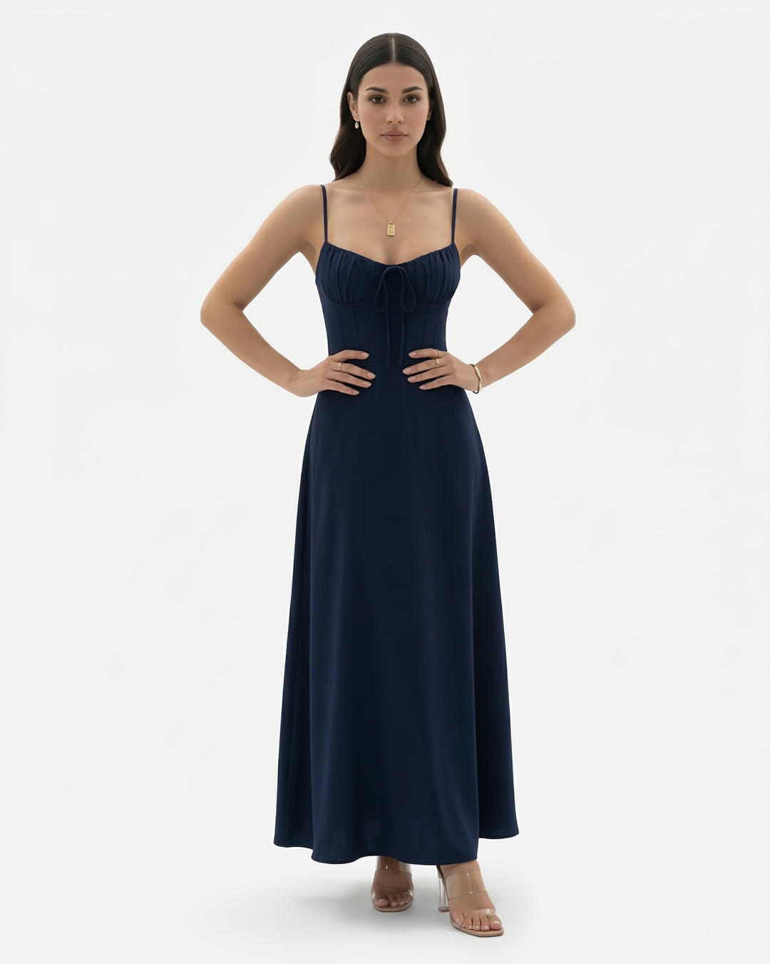 Womens Maxi Dress with Spaghetti Straps Sweetheart Neck Tie Front