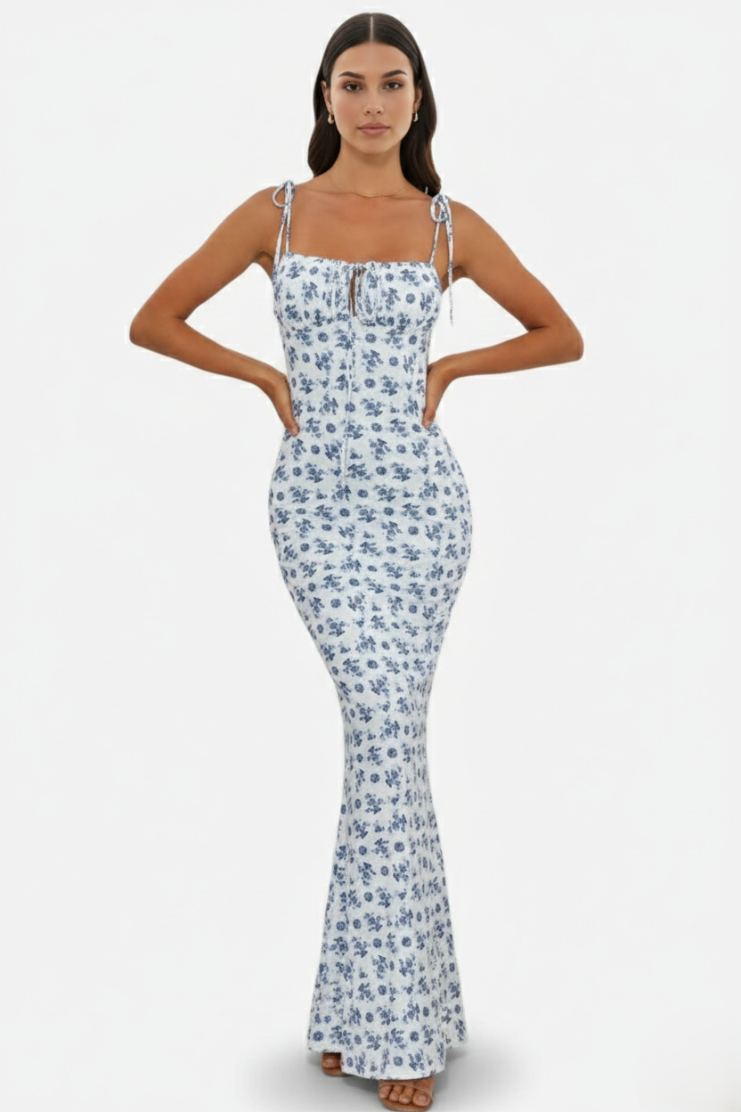 Womens Bodycon Maxi Dress with Spaghetti Straps Ruched Bodice - Clovrio