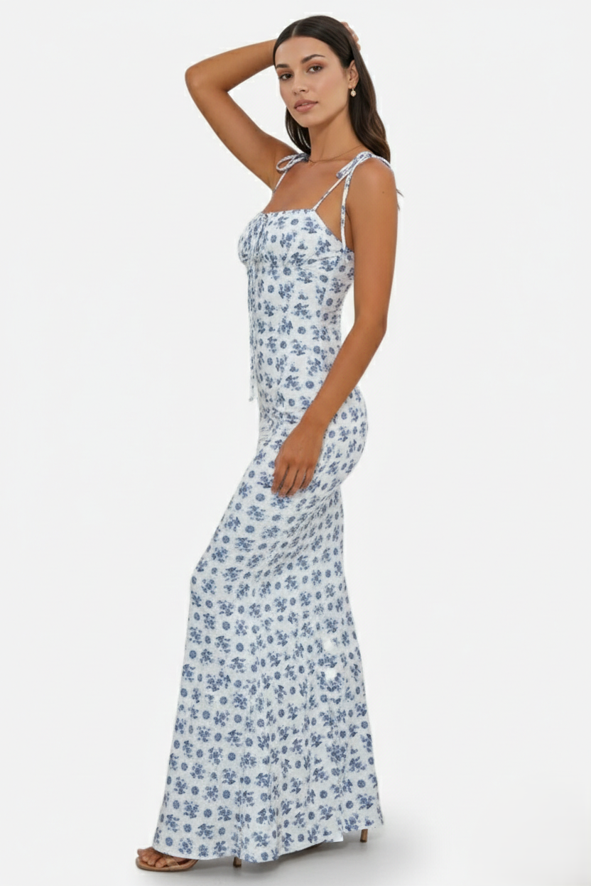 Womens Bodycon Maxi Dress with Spaghetti Straps Ruched Bodice
