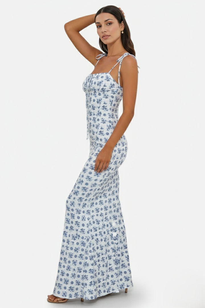 Womens Bodycon Maxi Dress with Spaghetti Straps Ruched Bodice