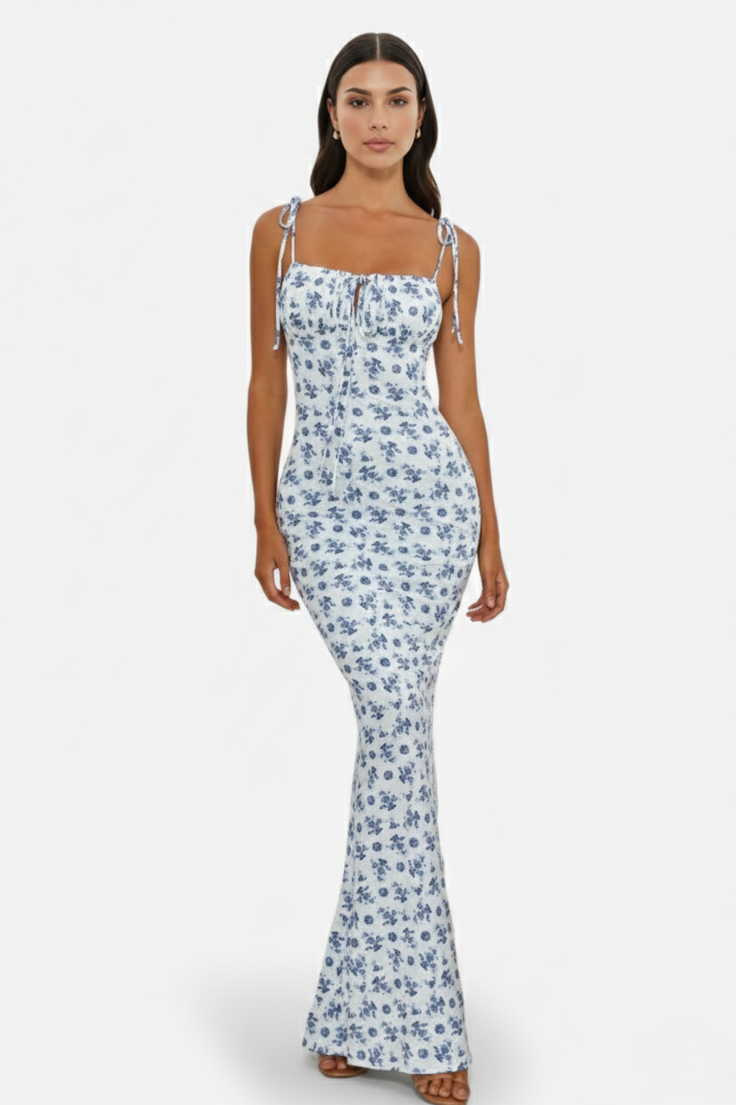 Womens Bodycon Maxi Dress with Spaghetti Straps Ruched Bodice