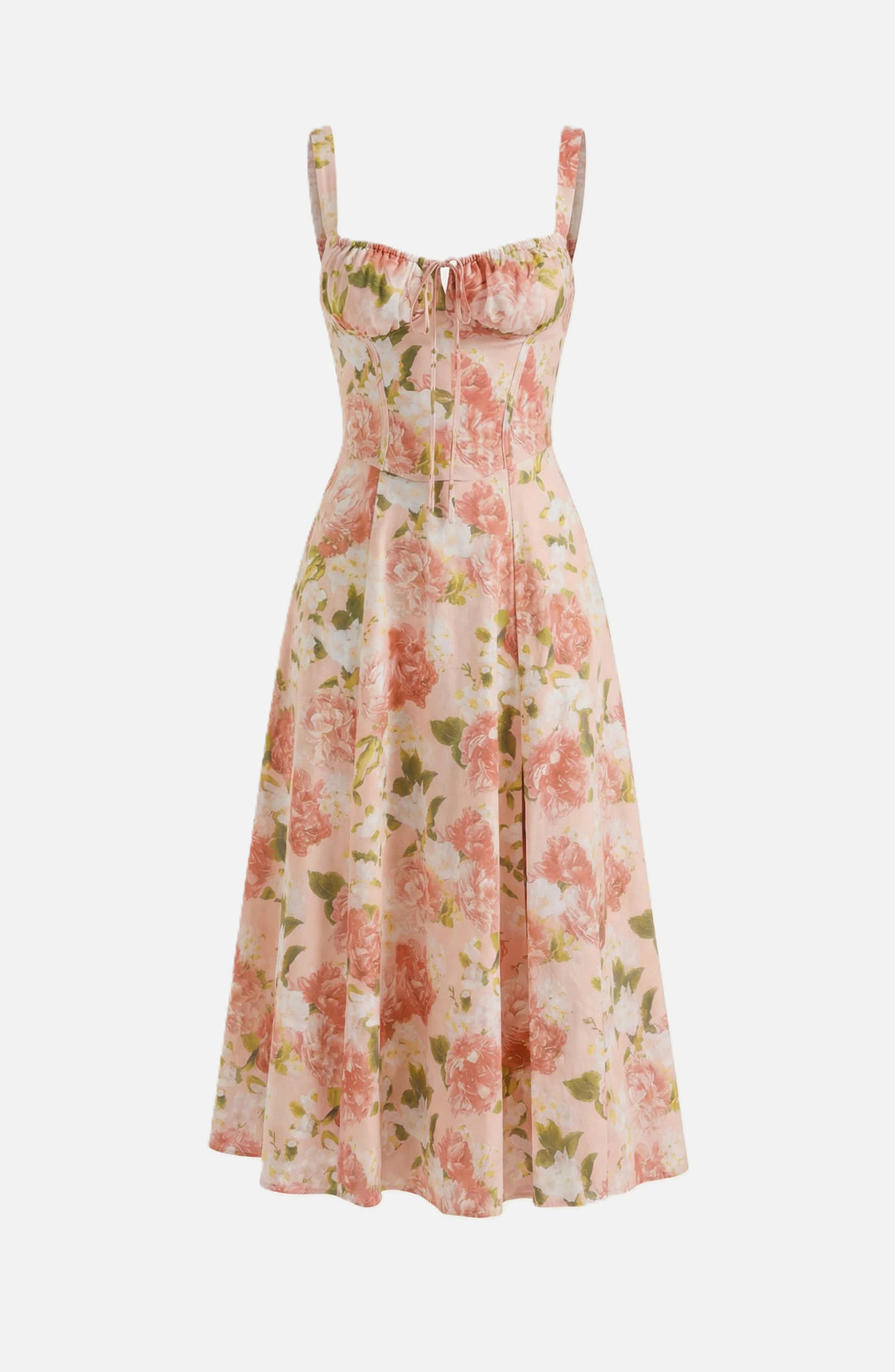 Womens Midi Sundress Ruched Bust Tie Front A-Line Skirt