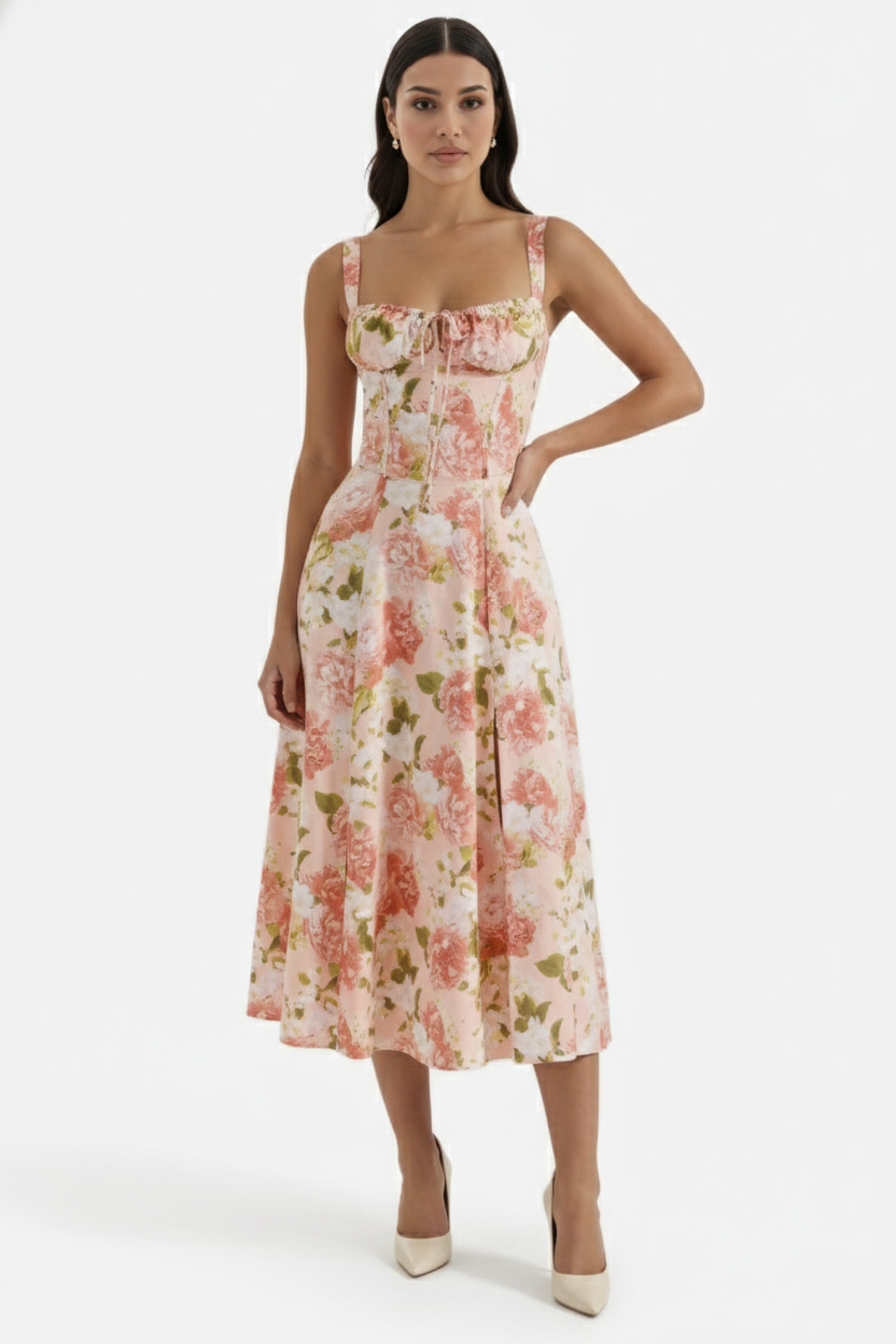 Womens Midi Sundress Ruched Bust Tie Front A-Line Skirt - Clovrio