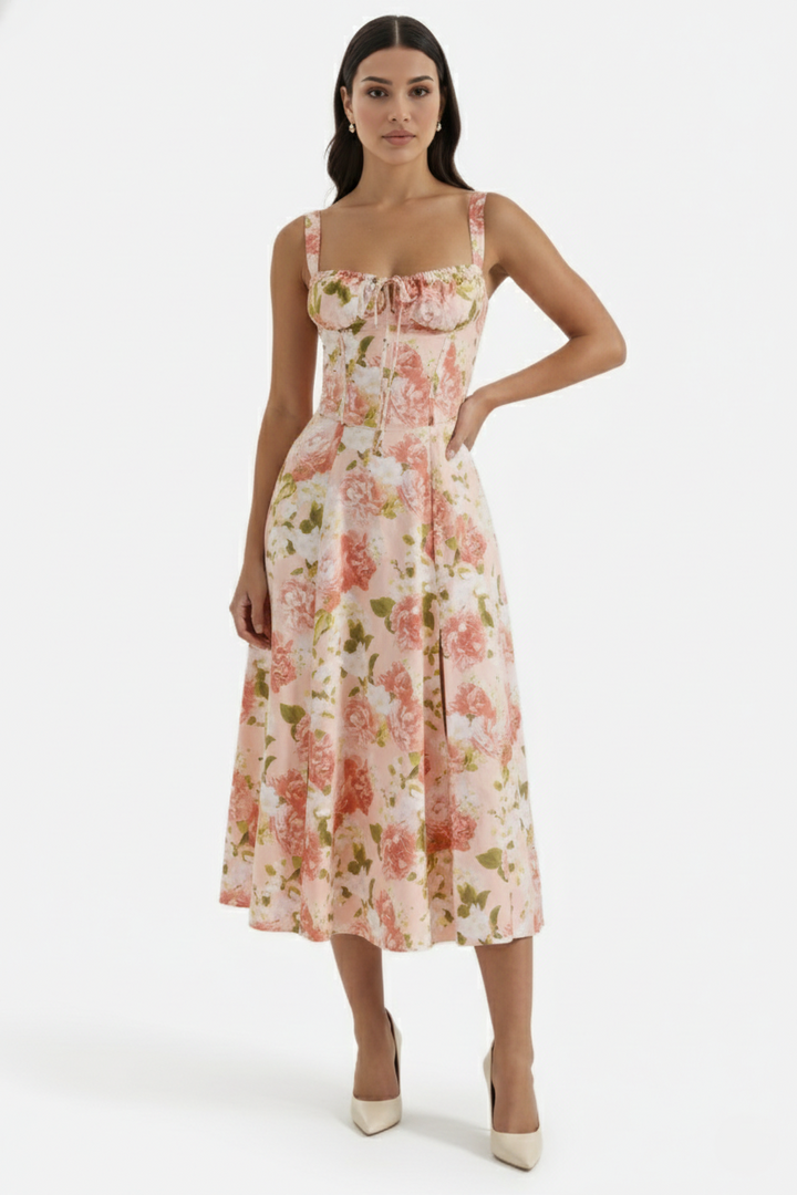 Womens Midi Sundress Ruched Bust Tie Front A-Line Skirt - Clovrio