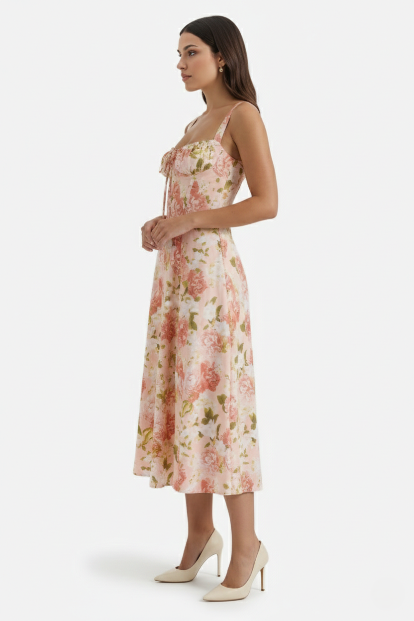 Womens Midi Sundress Ruched Bust Tie Front A-Line Skirt