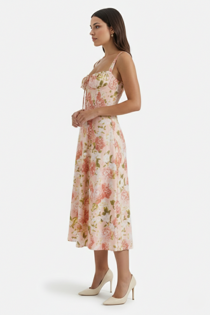 Womens Midi Sundress Ruched Bust Tie Front A-Line Skirt