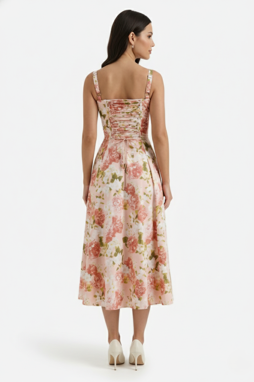 Womens Midi Sundress Ruched Bust Tie Front A-Line Skirt