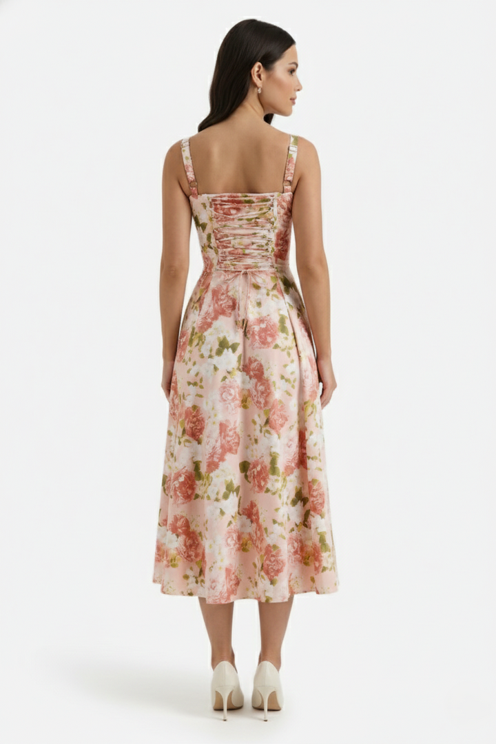 Womens Midi Sundress Ruched Bust Tie Front A-Line Skirt