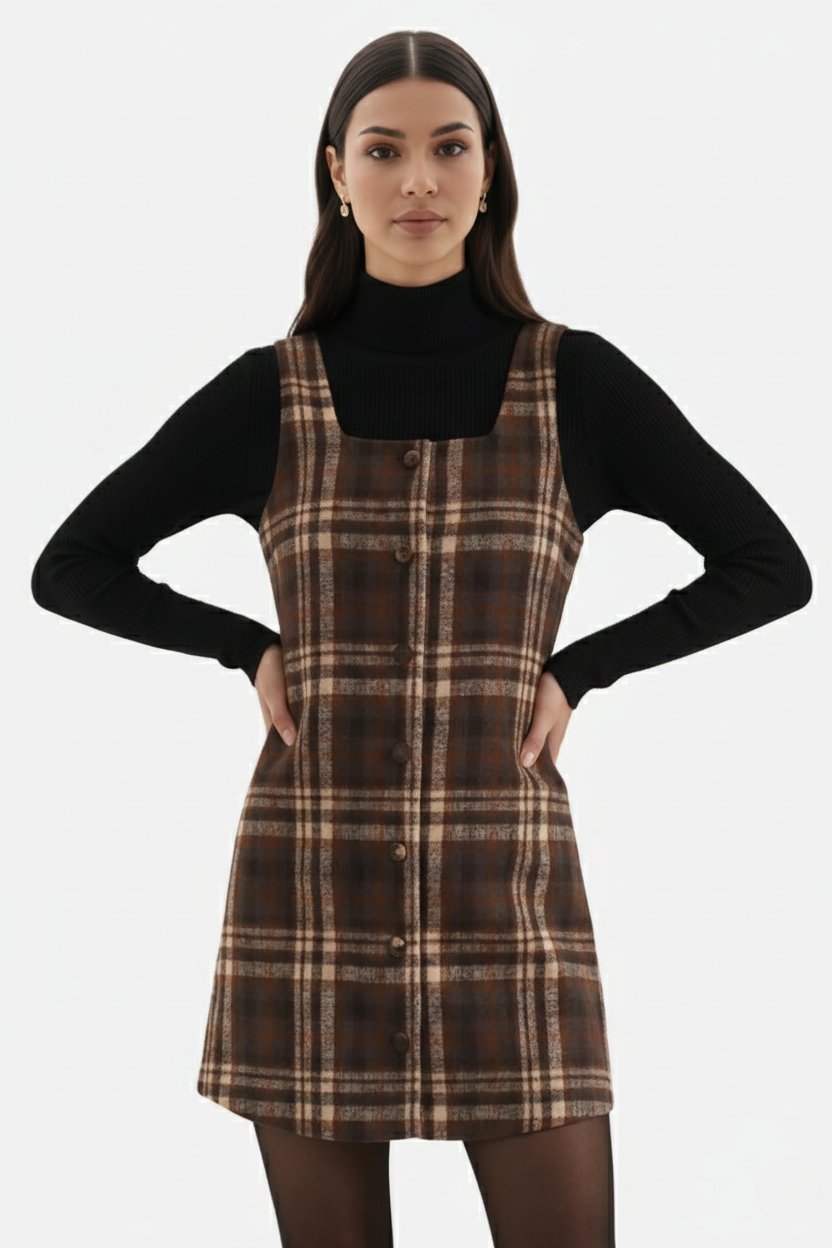 Womens Pinafore Dress Checked Print Square Neck Shift Style - Clovrio