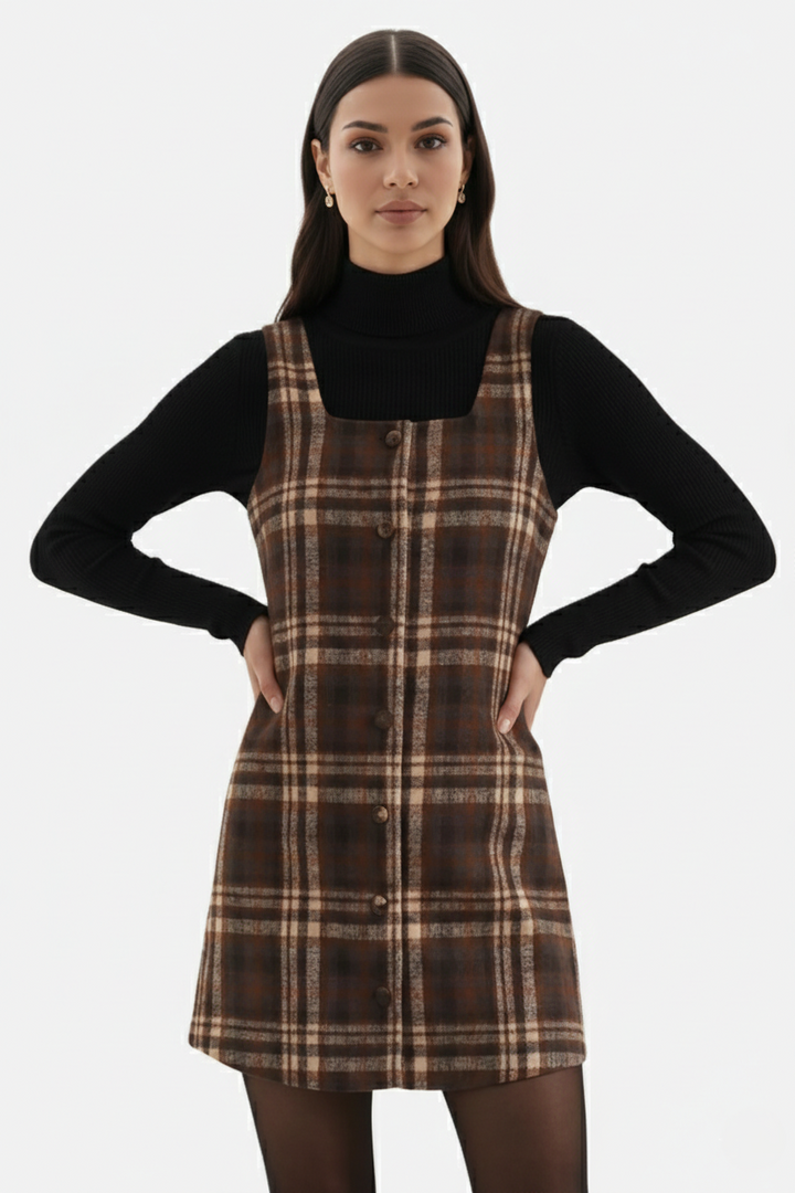 Womens Pinafore Dress Checked Print Square Neck Shift Style - Clovrio