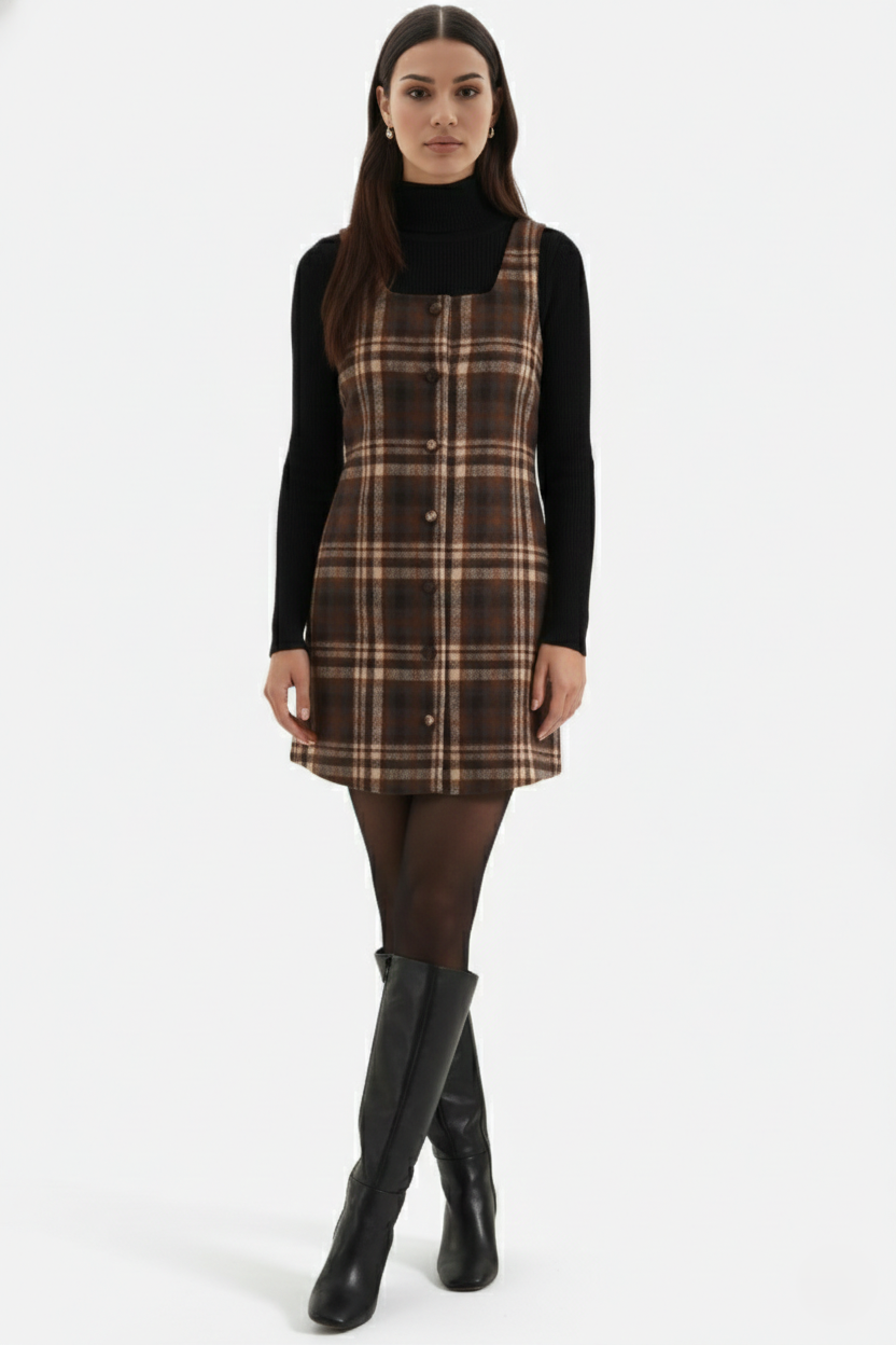 Womens Pinafore Dress Checked Print Square Neck Shift Style