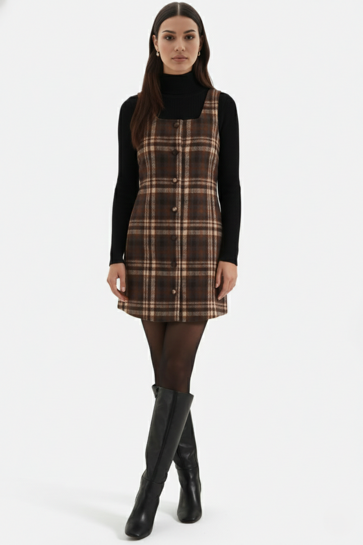 Womens Pinafore Dress Checked Print Square Neck Shift Style