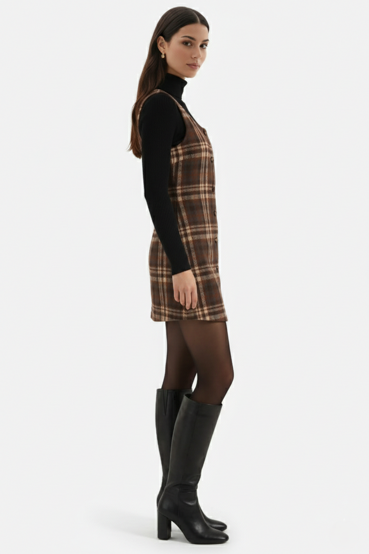 Womens Pinafore Dress Checked Print Square Neck Shift Style
