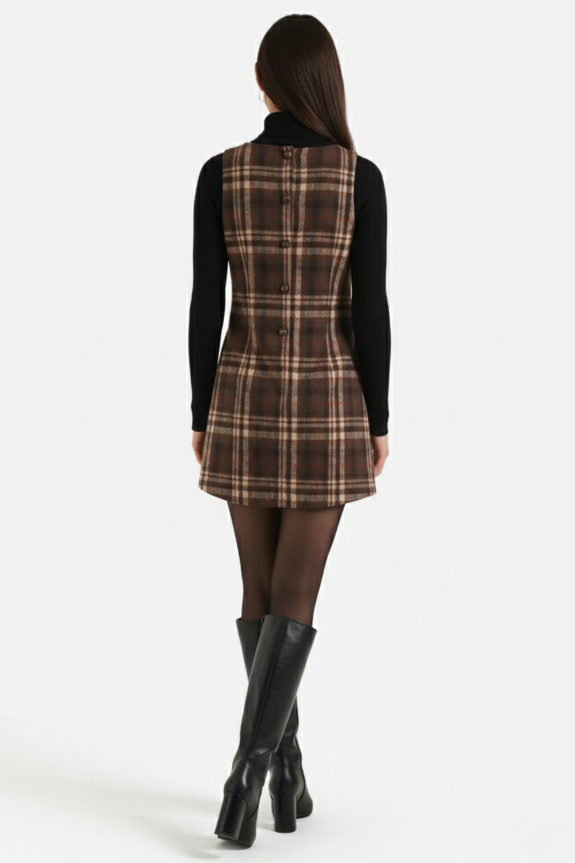 Womens Pinafore Dress Checked Print Square Neck Shift Style