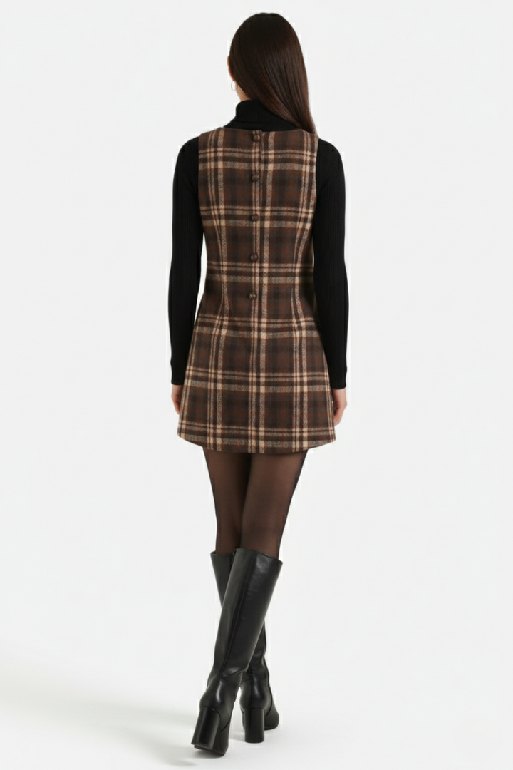 Womens Pinafore Dress Checked Print Square Neck Shift Style