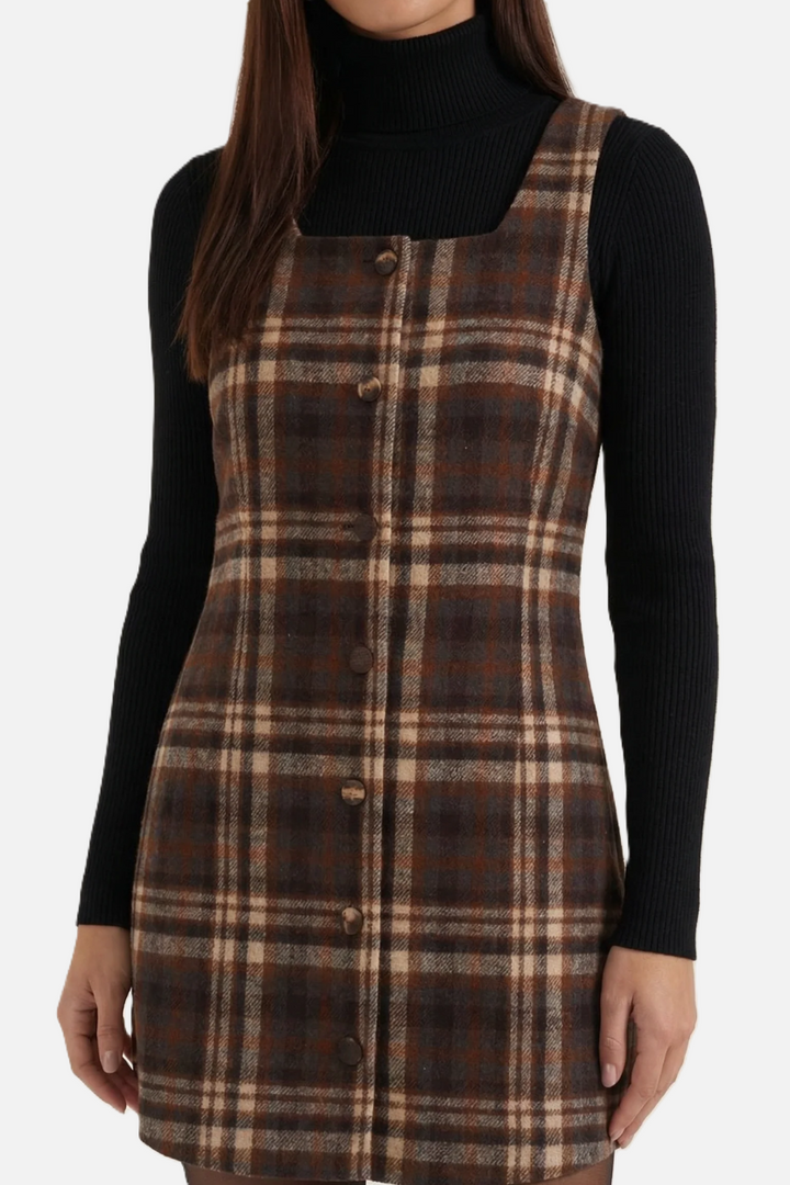 Womens Pinafore Dress Checked Print Square Neck Shift Style