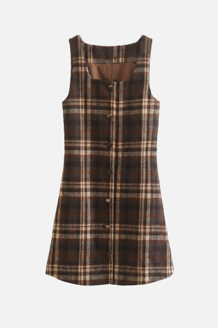 Womens Pinafore Dress Checked Print Square Neck Shift Style