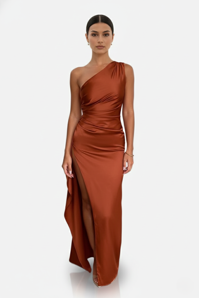 Womens Satin Maxi Dress One-Shoulder High Side Slit