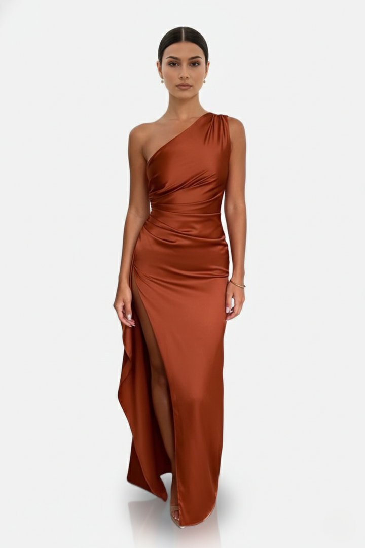 Womens Satin Maxi Dress One-Shoulder High Side Slit