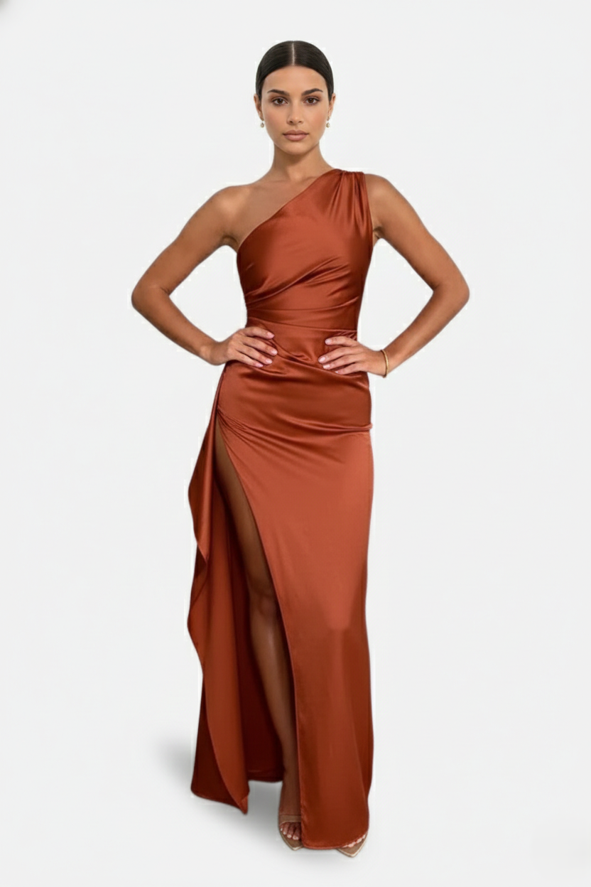 Womens Satin Maxi Dress One-Shoulder High Side Slit