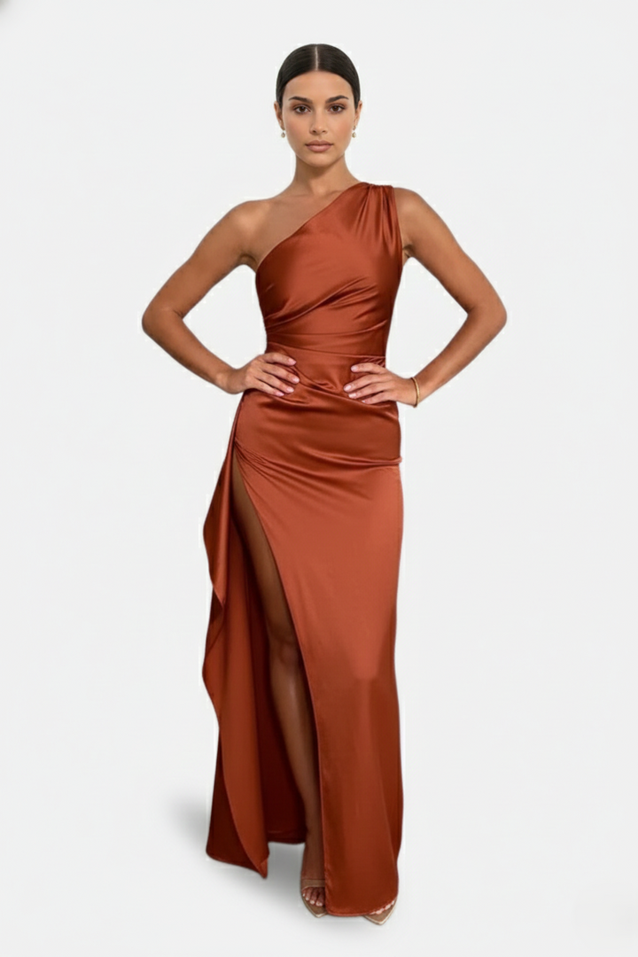 Womens Satin Maxi Dress One-Shoulder High Side Slit