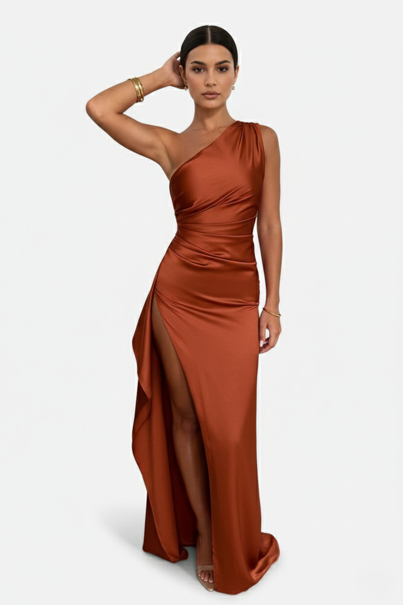 Womens Satin Maxi Dress One-Shoulder High Side Slit