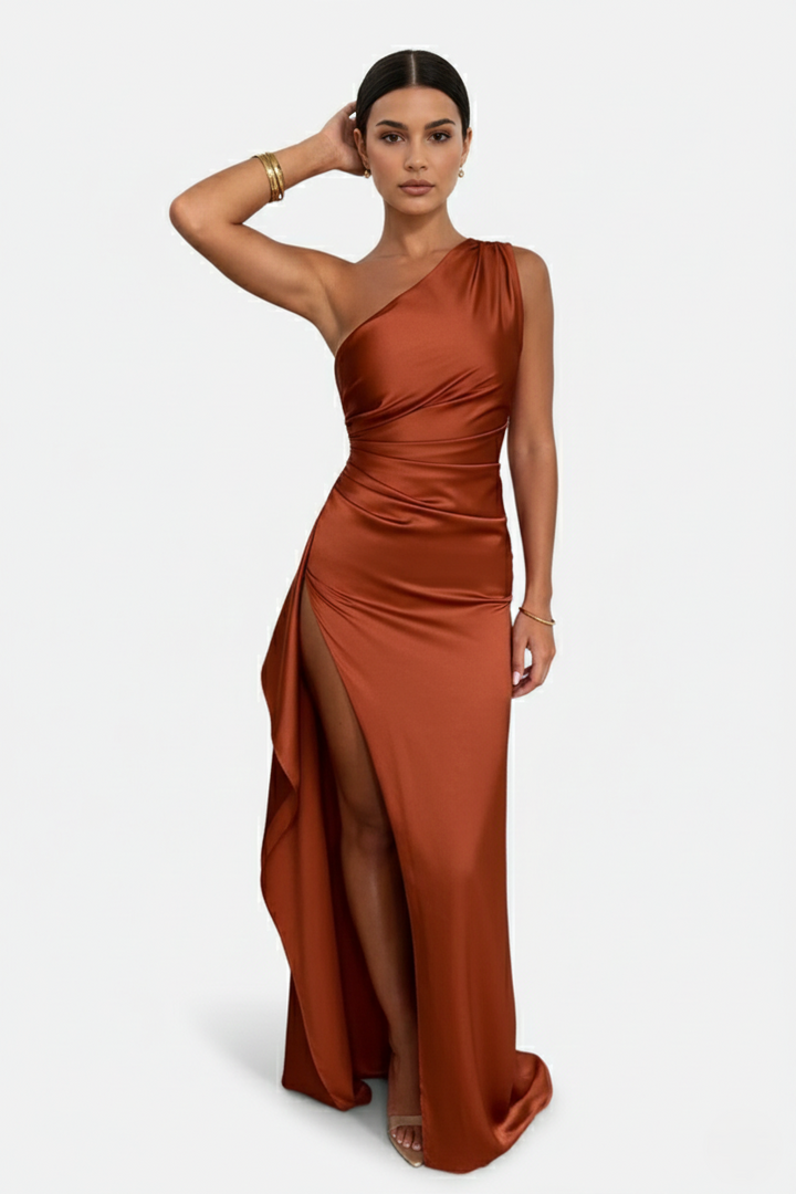 Womens Satin Maxi Dress One-Shoulder High Side Slit