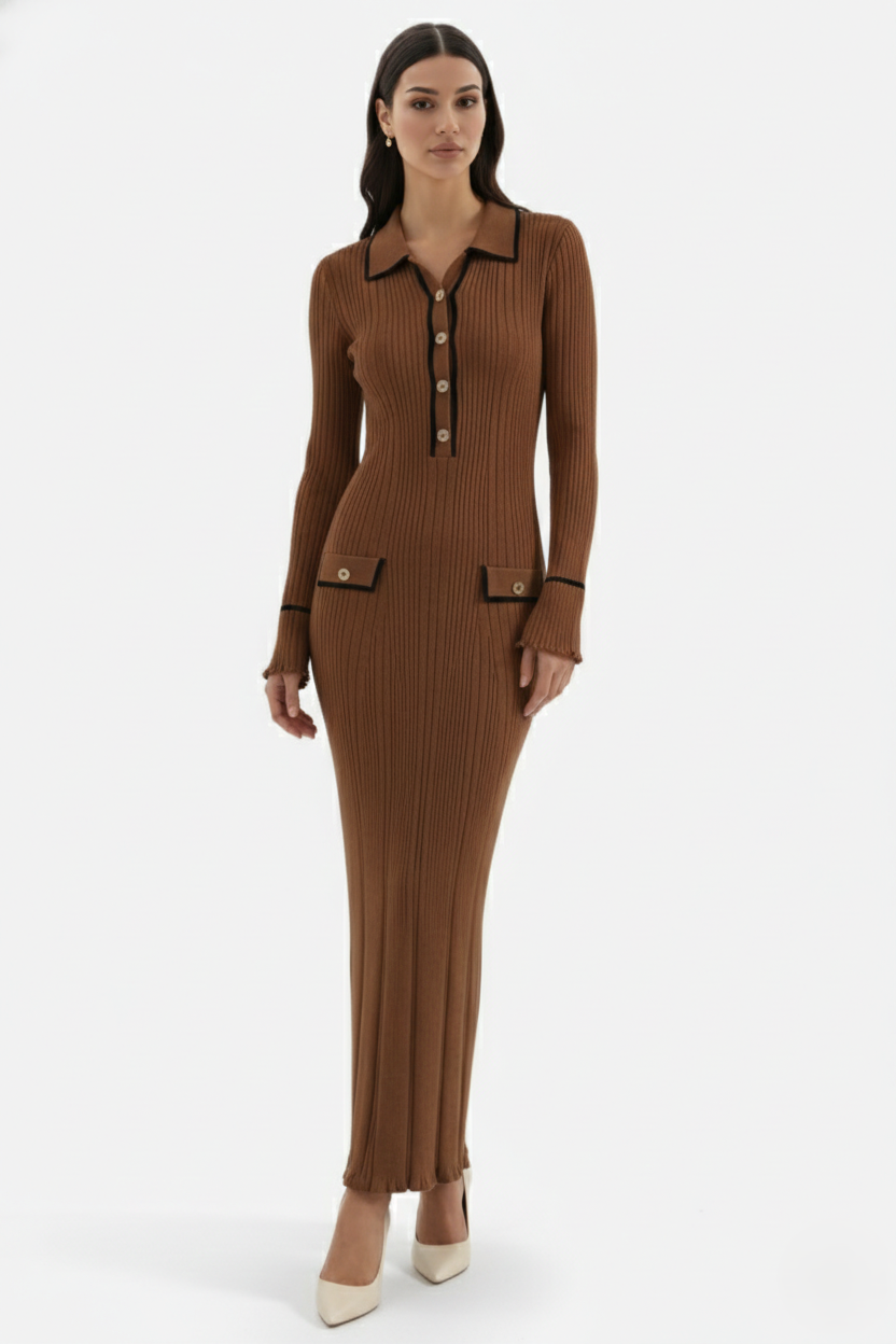 Womens Knitted Polo Maxi Dress Long Sleeve Contrast Trim