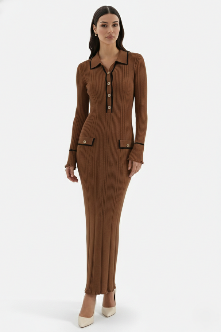 Womens Knitted Polo Maxi Dress Long Sleeve Contrast Trim